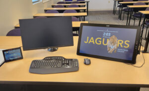 dual displays on the classroom podium.