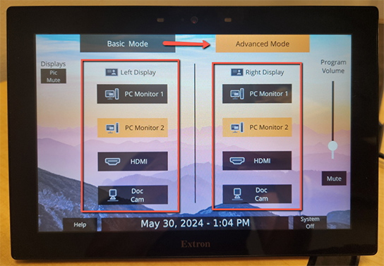 touch panel in room with advanced mode selected