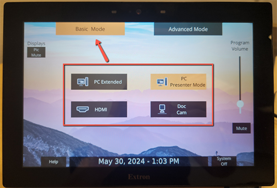 touch panel in room with basic mode selected