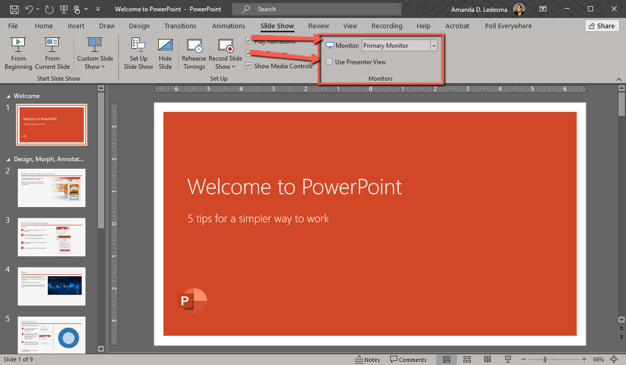 screenshot of powerpoint presentation with slide show tab selected and arrows pointing at monitor drop down and use presenter view checkbox